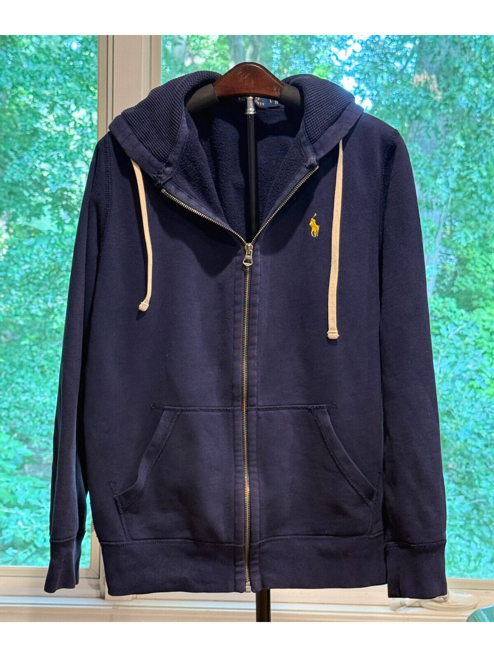 Polo Ralph Lauren Zip Up Hoodie Men Large Navy Blue Waffle Thermal Hood $160